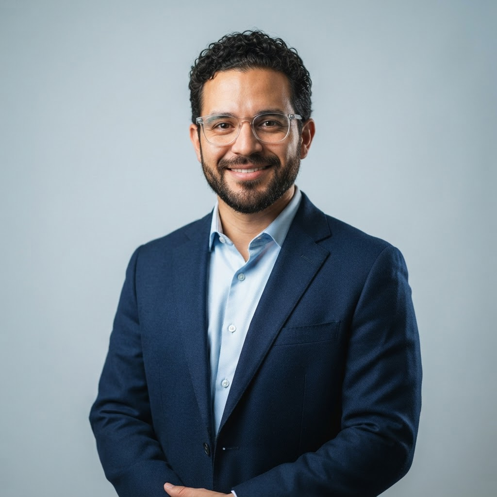 Ivan Ranquel, in a navy blazer and glasses, smiling toward the camera