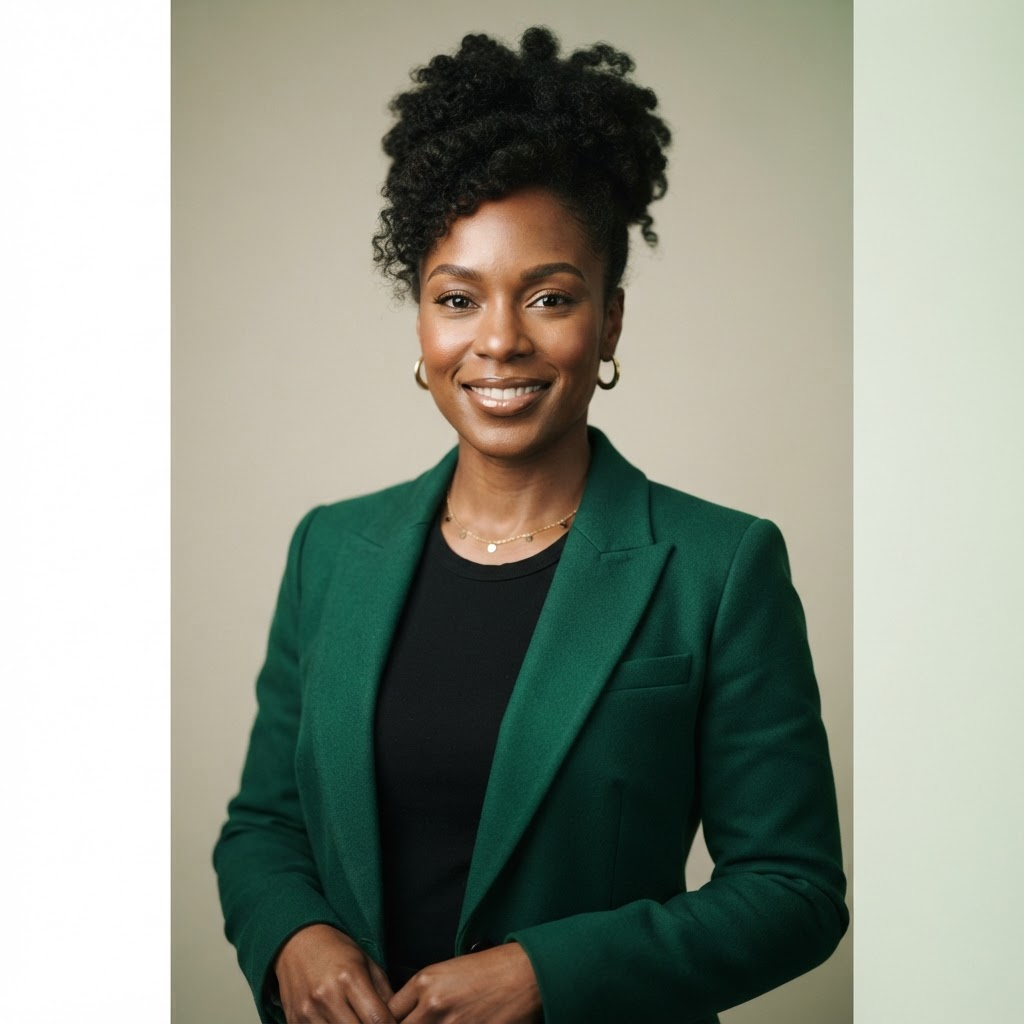 Naya Hunter, in a deep green blazer, smiling toward the camera