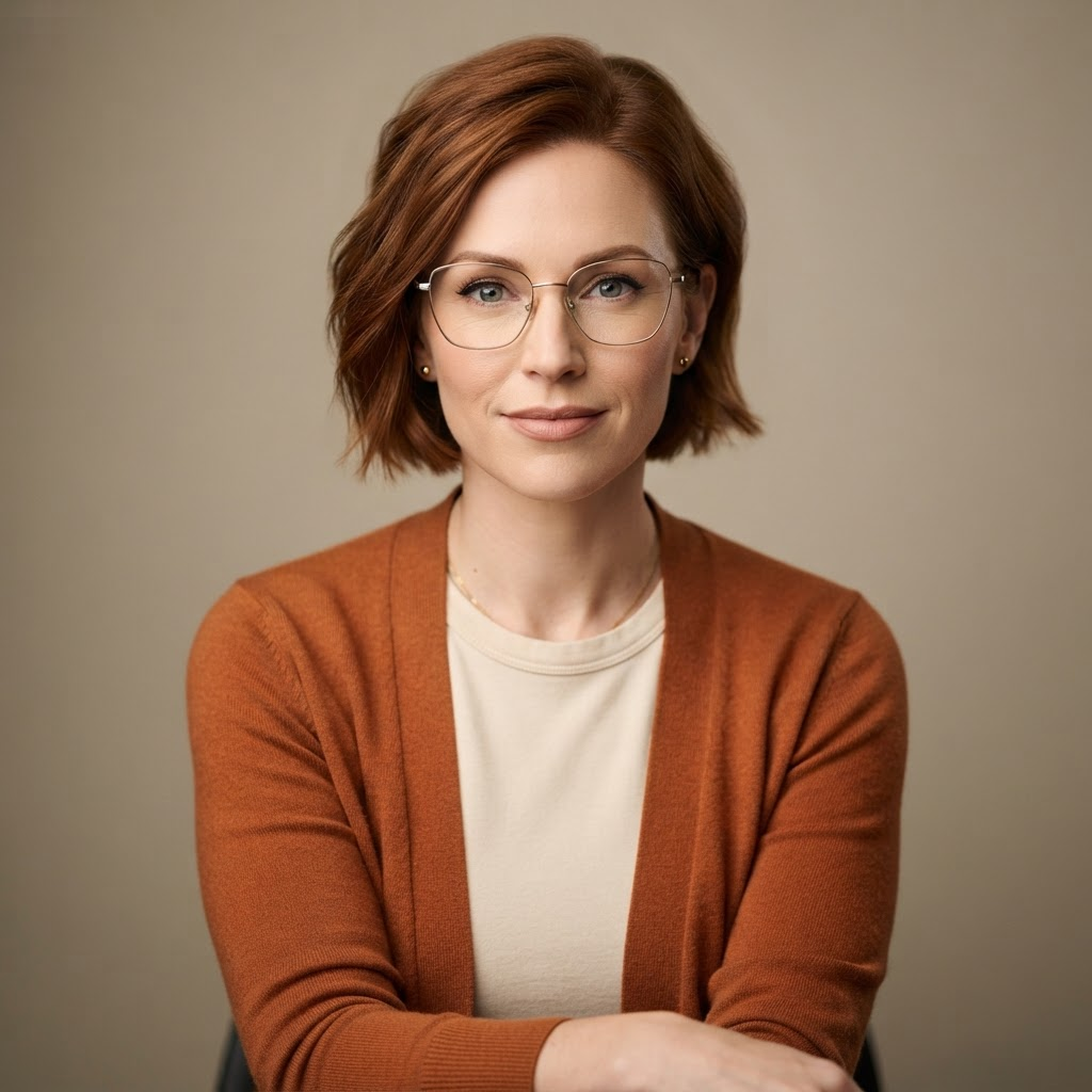 Pia Laurent, in a rust cardigan and glasses, looking toward the camera
